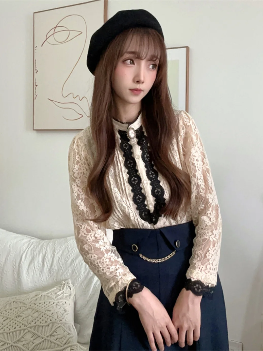 

Elegant Vintage Lady Shirt Full Lace Stand Collar Single Button Nine Sleeve Women's Premium Fashion Cotton Blend Business Shirt