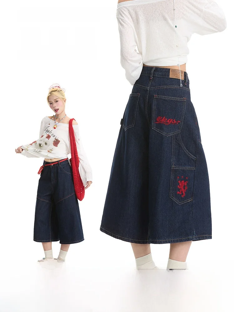 

Blue Denim Seven-Foot Pants Women's Casual Brand Retro Embroidery Design Summer Straight Casual Shorts Comfortable Cotton Wear