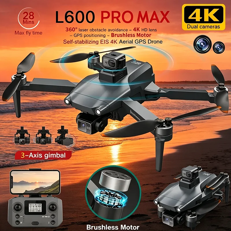 HOT-4K Professional HD Dual Camera New L600 PRO MAX GPS Drone 5KM 3-Axis Gimbal 360 Obstacle Avoidance Brushless Quadcopter Toy