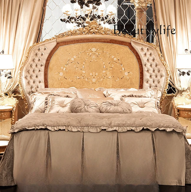 

Light luxury European bedroom furniture, luxury villa solid wood carving flower double bed designer fashion