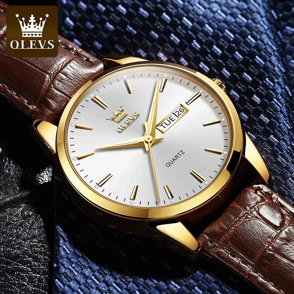 OLEVS 6898 Business High Quality Men Wristwatches, Waterproof Quartz Genuine Leather Strap Watches For Men Calendar Week Display