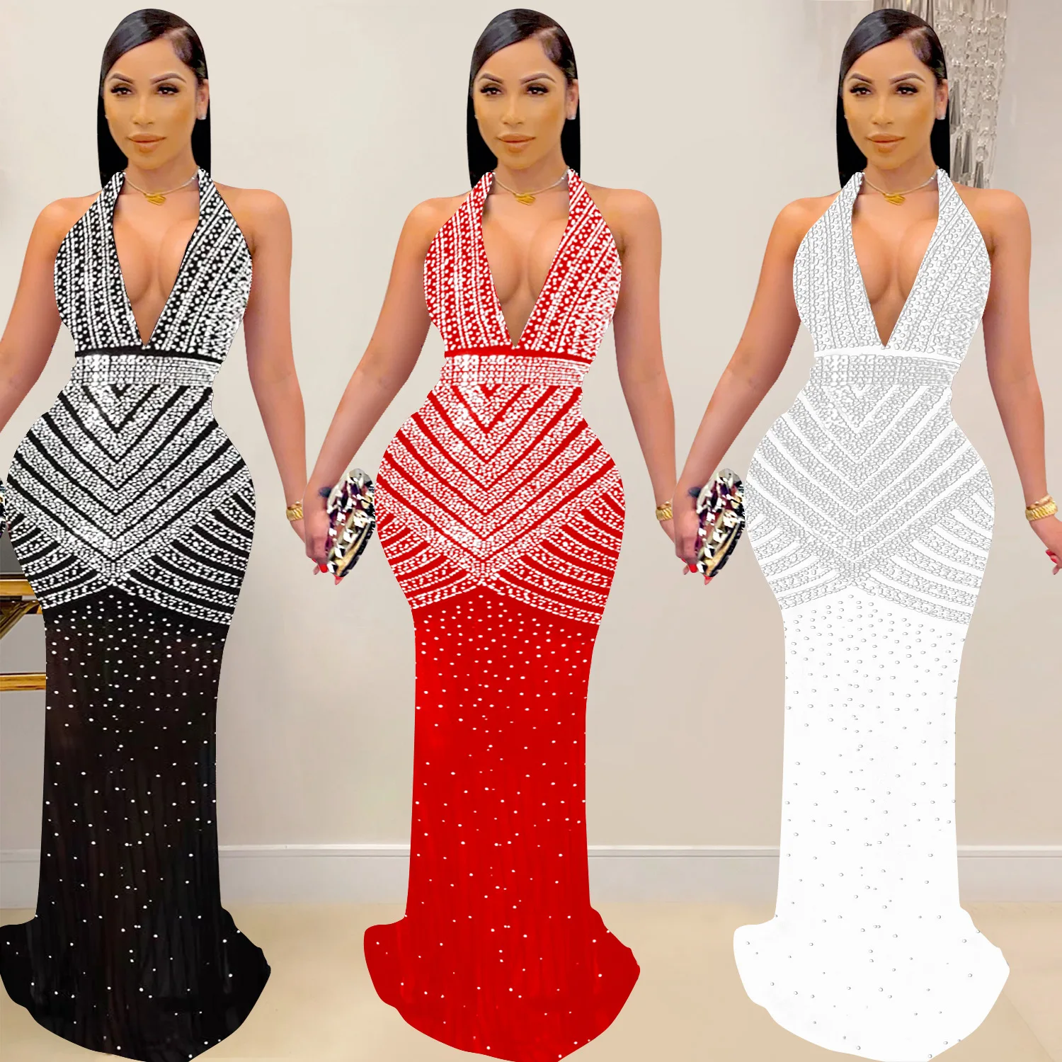 Fashion women's clothing solid color mesh diamond sleeveless long dresses dress sexy intellectual temperament elegant hot sale