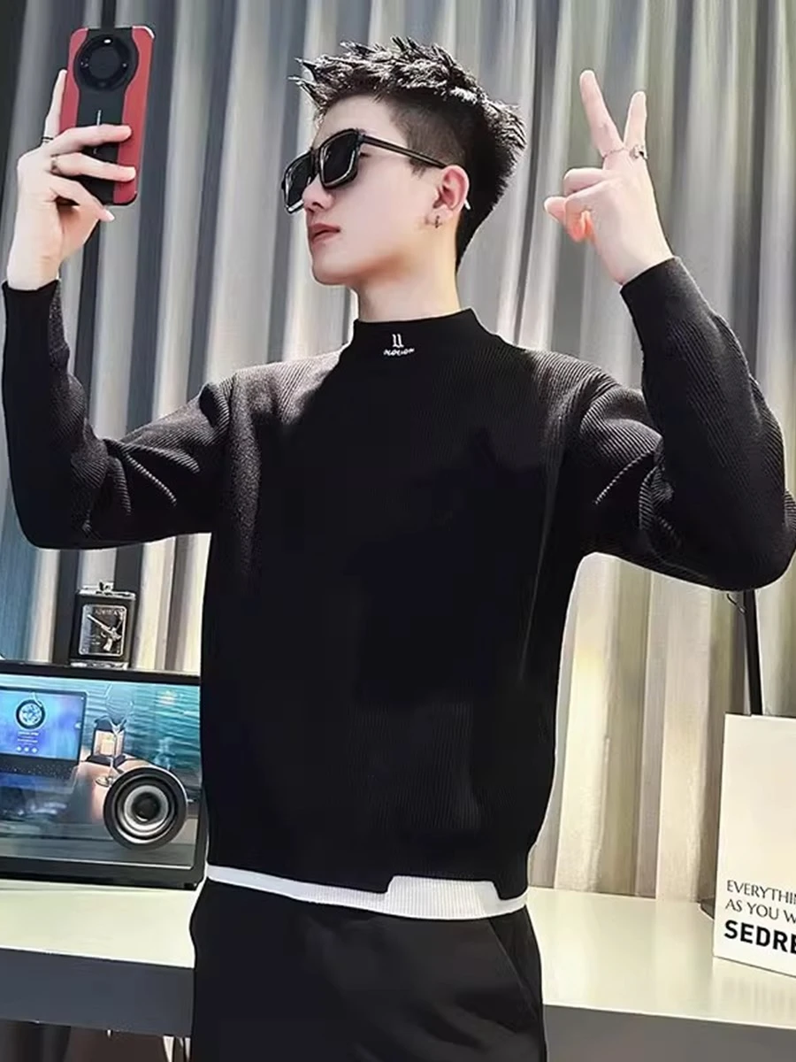 

Stylish Men's Knitted Sweater Half High Collar Embroidered Base Layer Shirt Trendy Handsome Fake Two-Piece Casual Slim Fit
