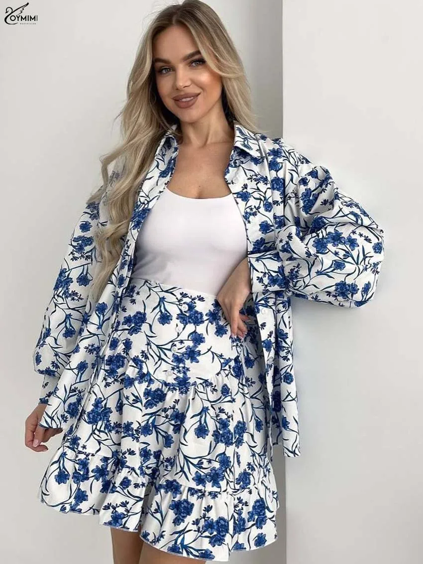 

Oymimi Fashion Blue Print 2 Piece Sets Woman Outfits Elegant Long Sleeve Single Breasted Shirts And Cascading Ruffled Skirts Set
