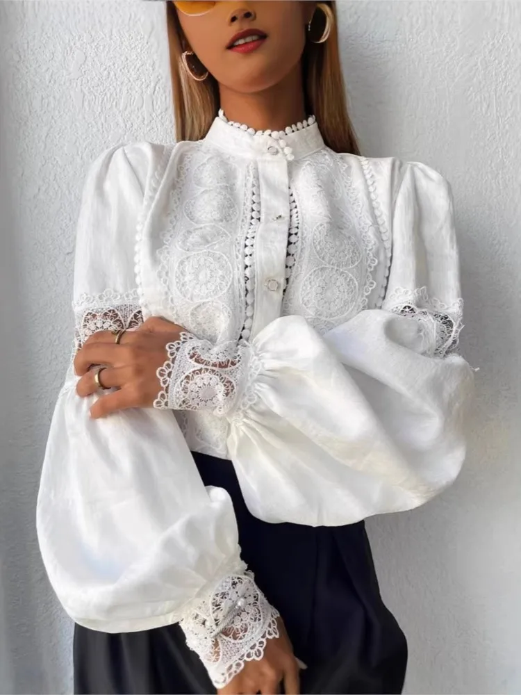 

New Women's Casual Shirt Spring Summer Women Stand Neck Long Sleeve Office Shirt Blouses Ladie White Lace Loose Shirts For Women
