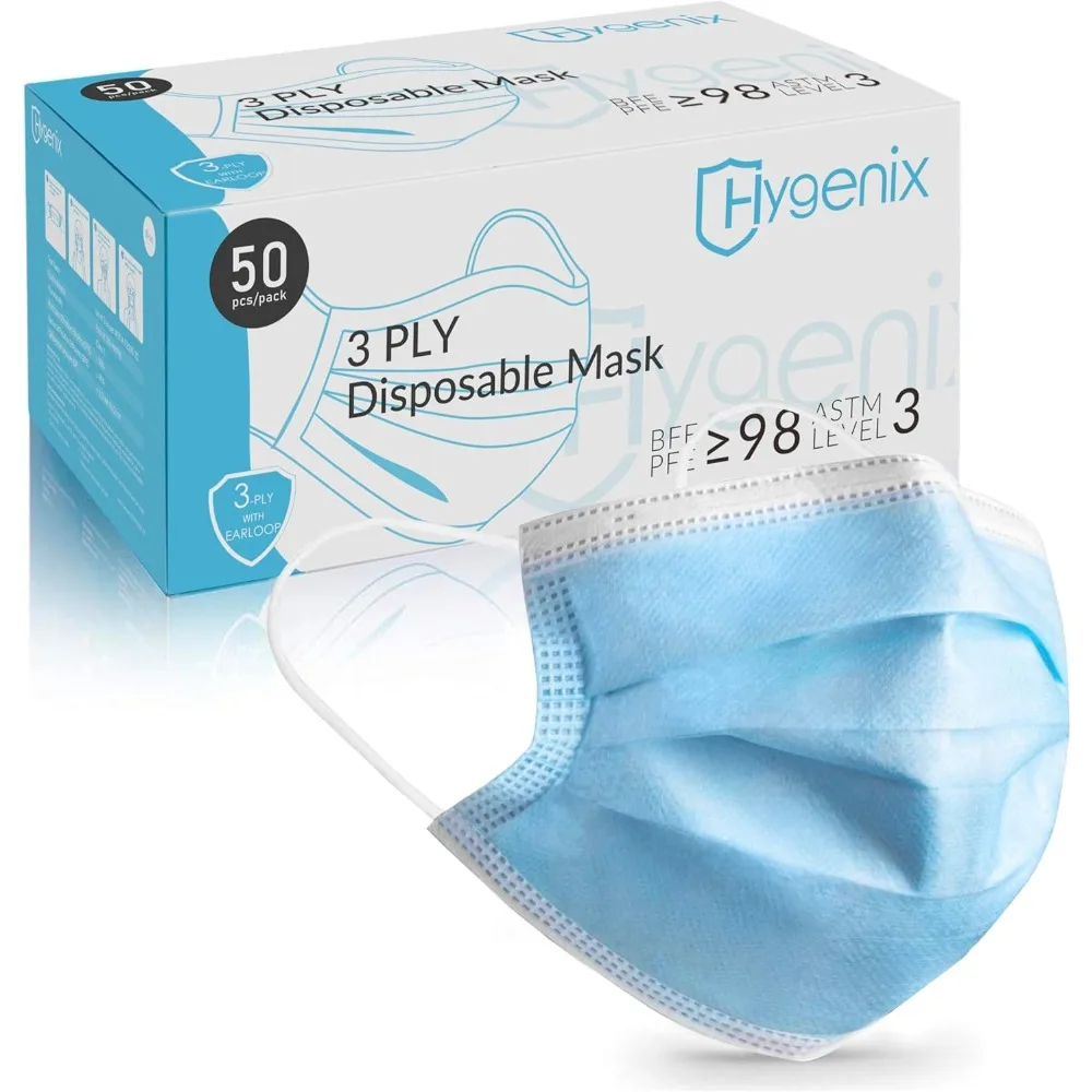 

Face Masks, ≥98% Filtration, Fluid Resistant, 3-Ply Ear Loop, 50 Pack