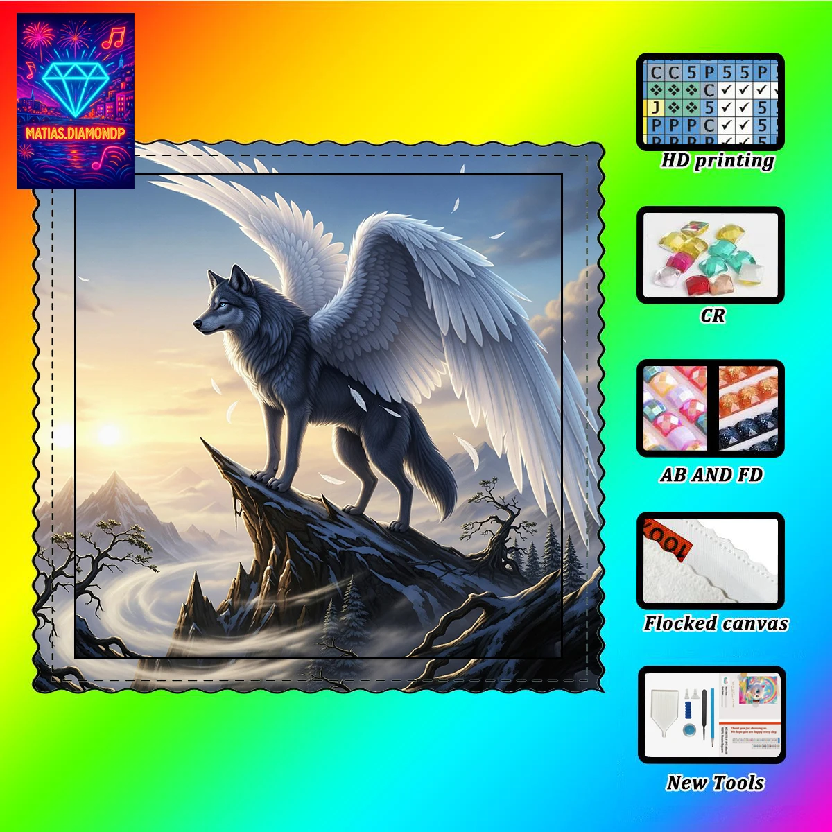 【MATIAS DIAMOND ART】El lobo volador en la nieve, pintura de diamantes de resina AB, cristal de diamante, polvo de hadas de diamante