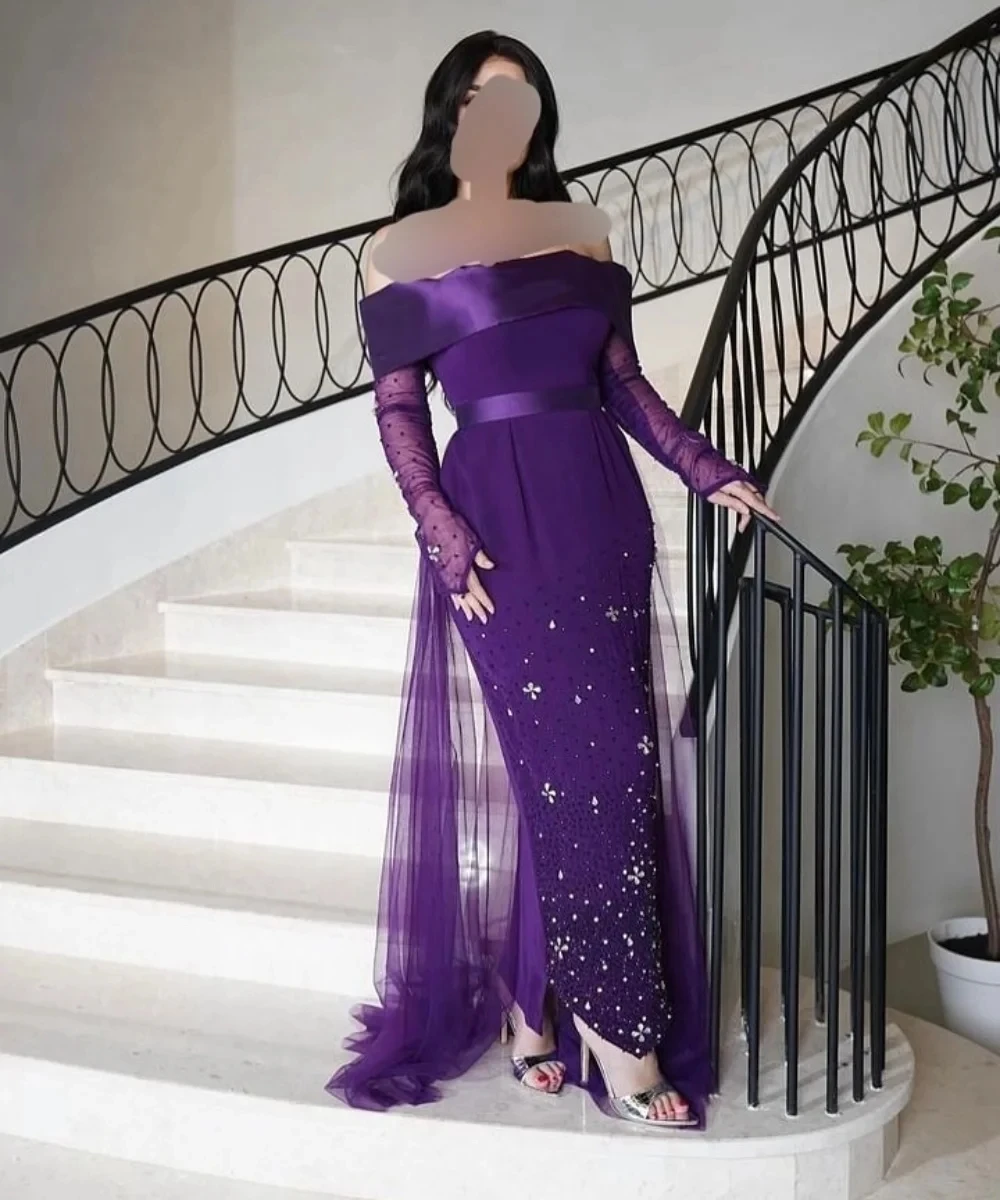 Violet perlé manches longues sur mesure Occasion robe robes de soirée Pastrol unisexe Jersey rétro dubaï saoudien arabe bal personnalisé