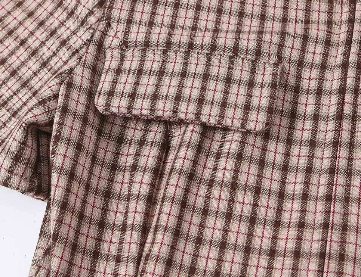 KONDALA Schickes Damen-Herbst-Freizeit-Karomuster-Anzug-Set, schmales Kurzarmhemd + gerade lange Hose mit Reißverschluss, modisch 2026, Vintage-Büro-Set – Detail 6