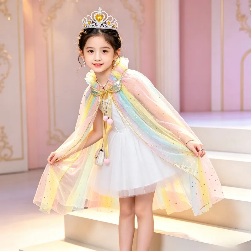 Glitter Tulle Cape 9Pcs Princess Accessory Tiara Necklace Ring Earrings Wand Gloves Handbag Birthday Holiday Dress Up Gift Kit
