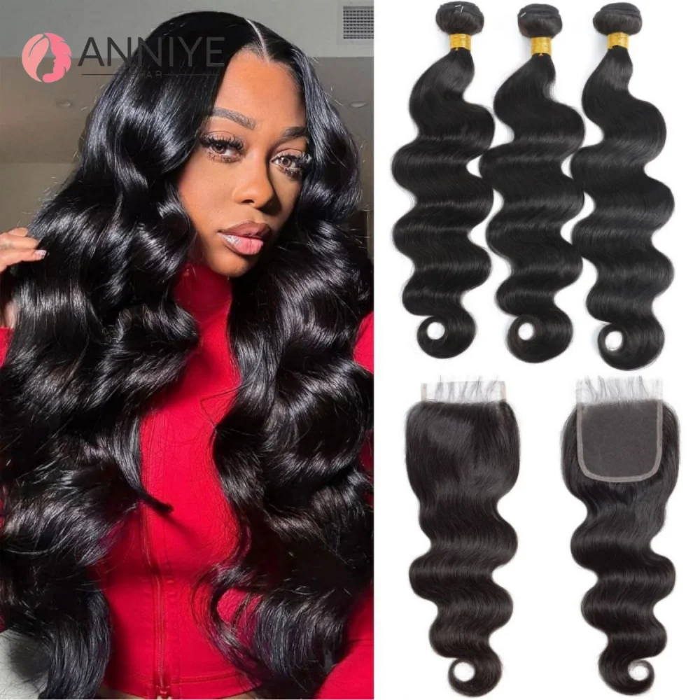 

Human Hair Bundles With Closure Body Wave Brazilian Virgin Human Hair Weave 3 Bundles With 4x4 Lace Closure Natural Black Color