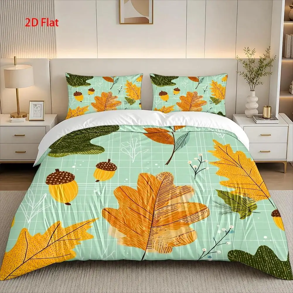 3 Piece Autumn Leaf Duvet Cover Set Hand Painted Bedding Set Machine Washable Invisible Zipper All Seasons Large Double Bed Cove