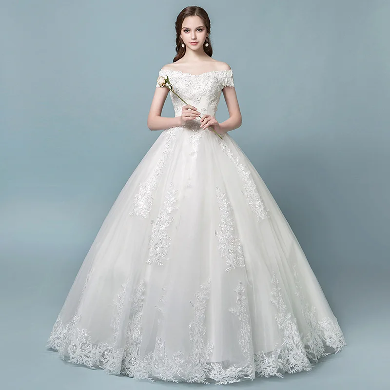 

White Ivory A Line Wedding Dresses Boat Neck Applique Floor Length Bridal Gown Court Train Lace Up Back