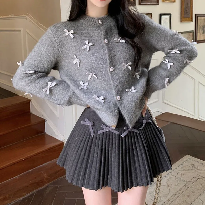 

French Bow Knitted Sweater Autumn Winter Short Cardigan jacket Loose Crew Neck Foreign Style Fashion Soft Waxy Sweaters Women