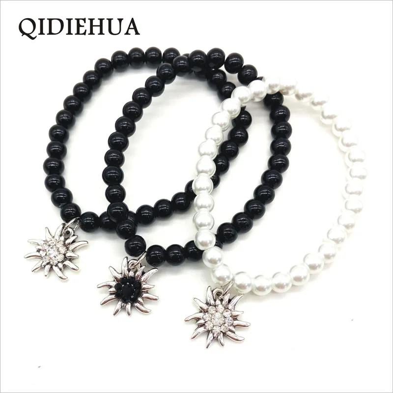 QIDIEHUA Fashion 6mm Glass Pearl Braceletl for Women Edelweiss Pendant Bracelets Multicolor Trend Gift Jewelry Wholesale