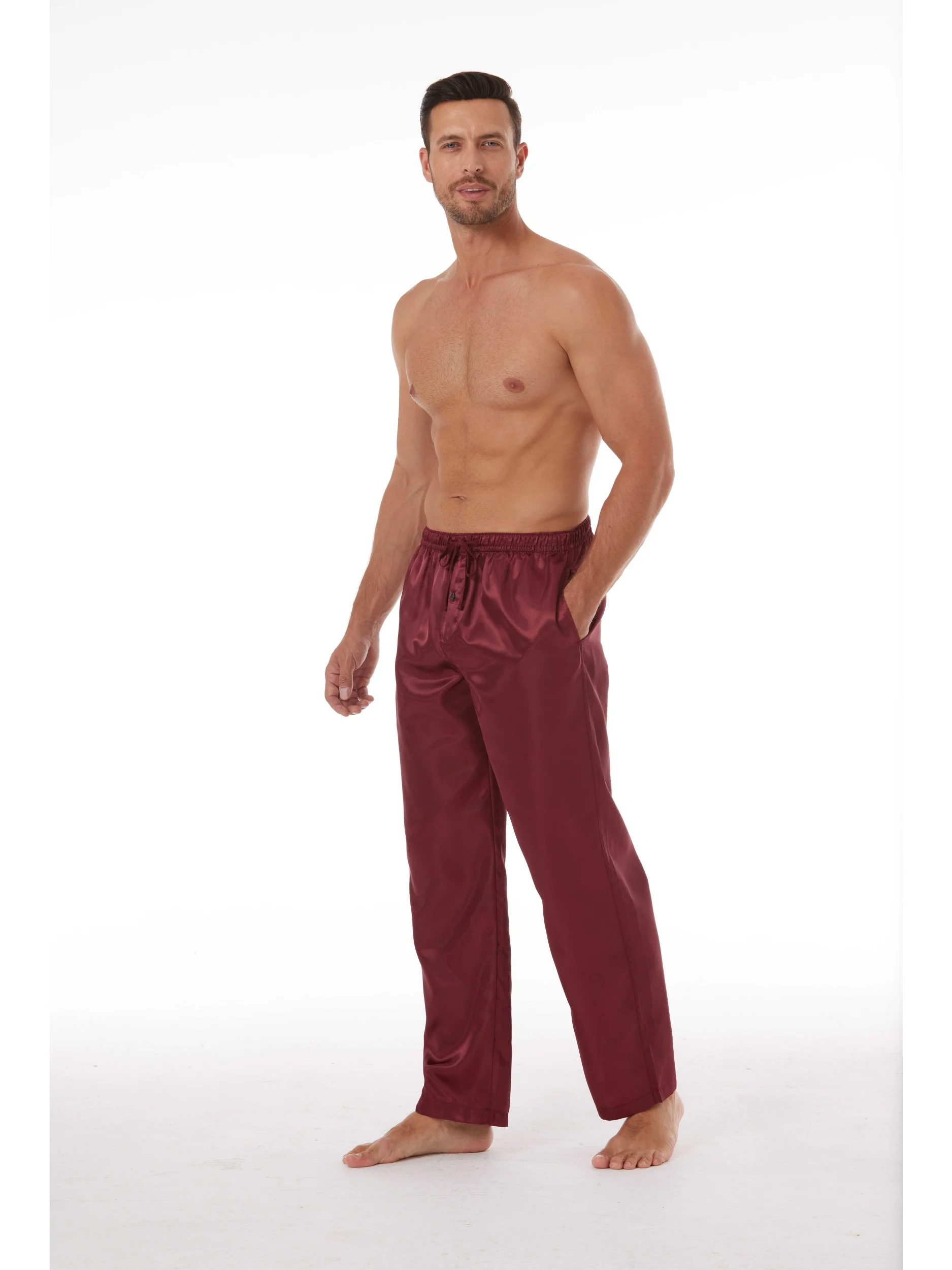 3pcs Men's Pajama Pants Autumn Satin Comfy with Elastic Waistband and Pockets Solid Color Casual Sleepwear