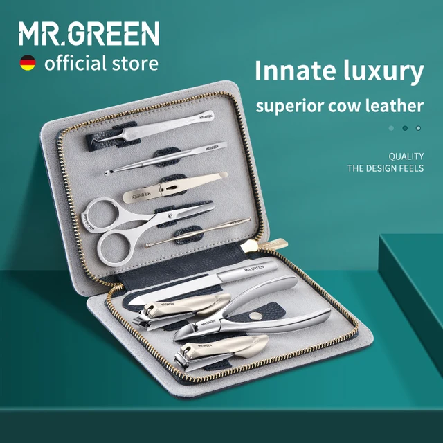 MR.GREEN Innate luksusowy zestaw do Manicure nożyczki chirurgiczne ze stali nierdzewnej obcinacz do paznokci zestaw pełnoziarnista skóra bydlęca pakiet Pedicure