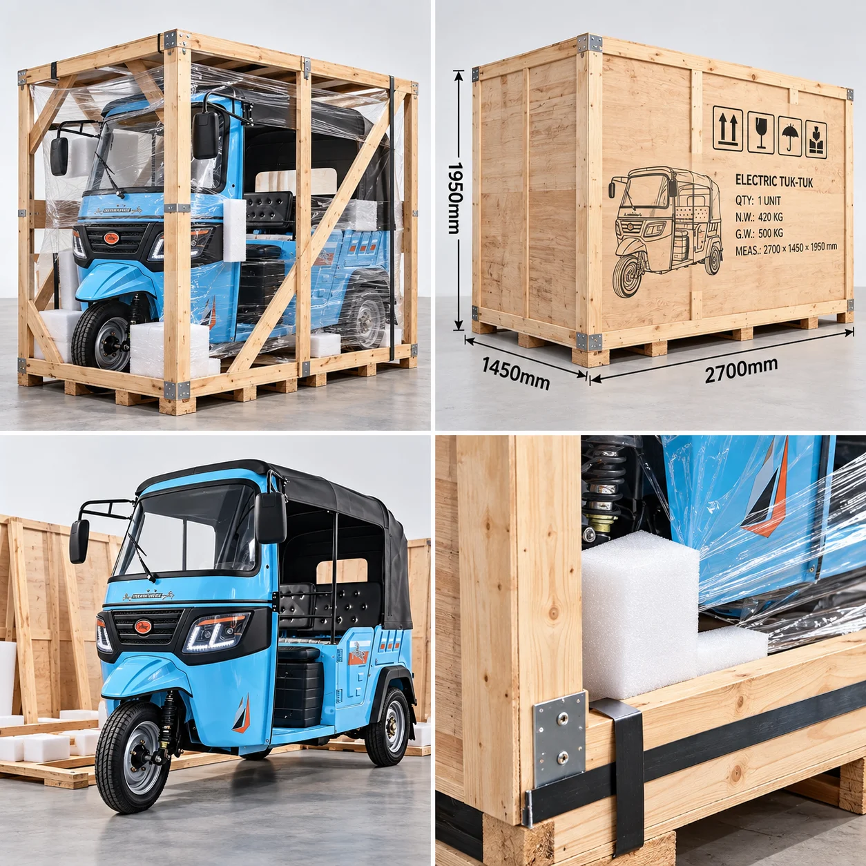 Electric Passenger Tuk Tuk 3 Wheel Tricycle with Soft Canopy and Rear Bench Seat, Blue Electric Rickshaw
