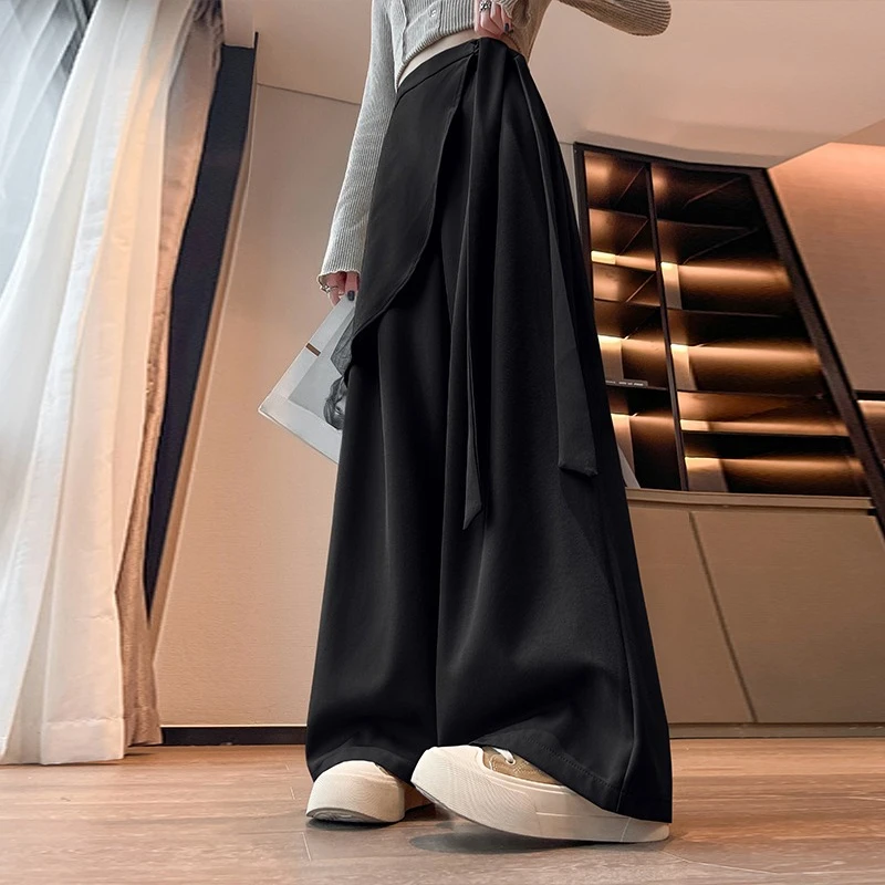 Taille haute élégant irrégulier jambe large pantalon pour les femmes 2025 nouveau automne taille haute droite décontracté ample pleine longueur pantalon
