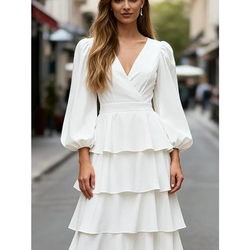 Branco decote em v manga puff em camadas bolo vestido 2026 primavera outono a linha de cintura alta multi camada casamento convidado vestidos max 189238