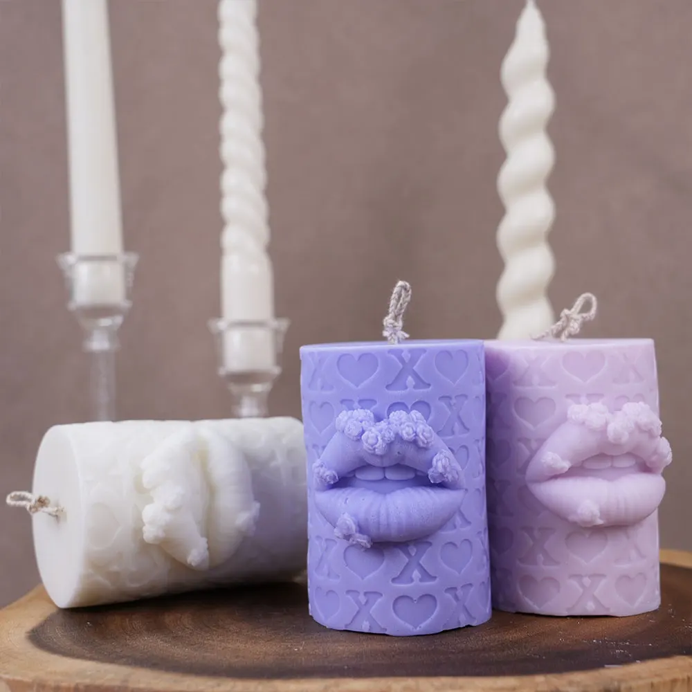 الإغاثة زهرة الشفاه شمعة قالب من السيليكون الحب إلكتروني الطباعة جولة عمود رائحة شمعة الجبس ل ضوء الشموع ديكور هدايا الزفاف