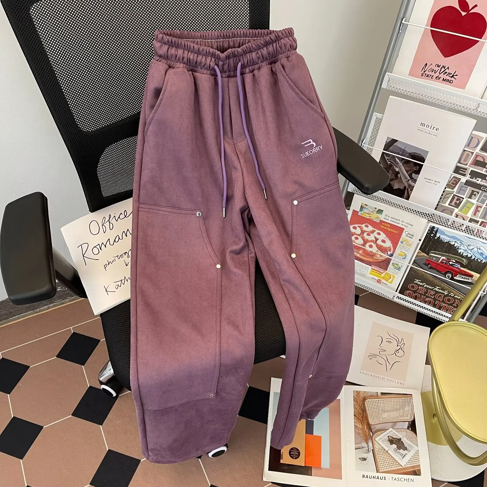 Guke Spring/Autumn Loose Solid Color Patchwork Casual Pants Men and Women Vibe High Street Sense of Drape Wide-leg Sports Pants