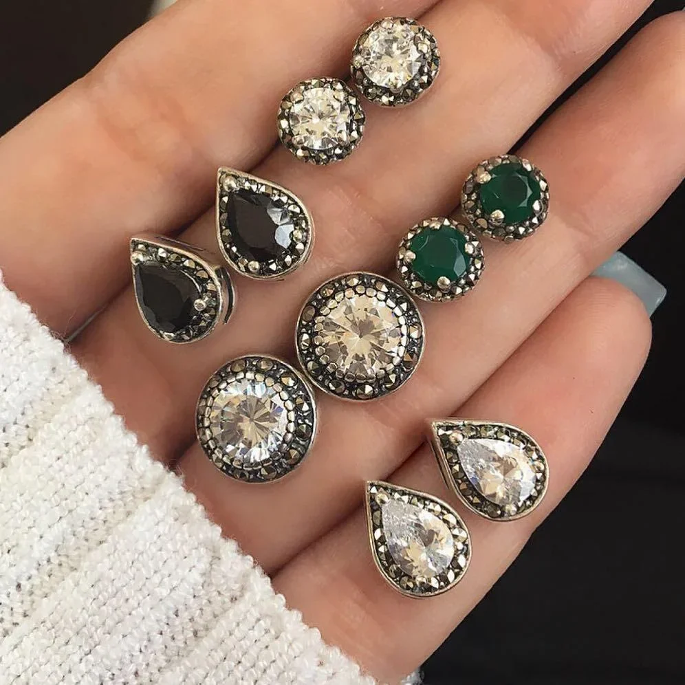 Vintage Crystal Stud Earrings Set for Women, 5 Pairs Retro Waterdrop Round Geometric Earring Combination, Antique Silver Boho Piercing Jewelry Pack