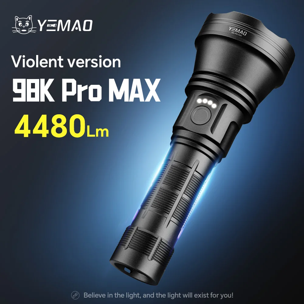 

Super Bright Portable 4480LM YEMAO 98KProMax Flashlight With 6 Lighting Modes 680M Rechargeable 21700 Battery Waterproof Torch
