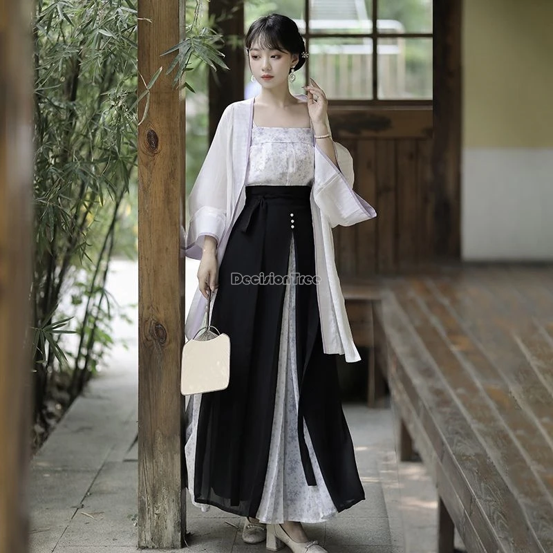 

2025 новый китайский стиль, улучшенная династия песен, ханьфу, полуюбка с лямкой на шее, пальто из пряжи, женский свободный повседневный современный комплект ханьфу из трех предметов