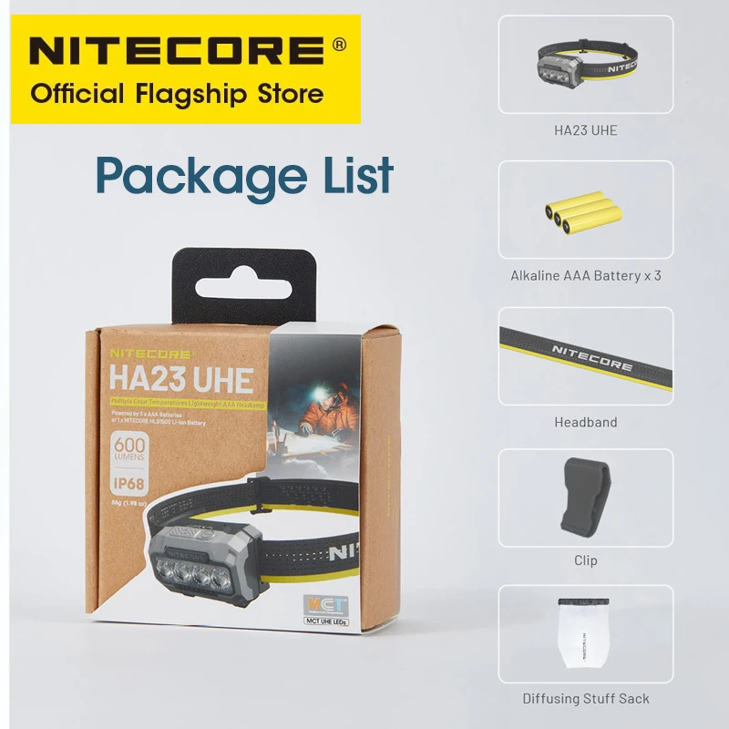 NITECORE HA23 UHE كشافات AAA خفيفة الوزن 3 درجات حرارة ألوان 600 لومن مصباح أمامي IP68 للجري الليلي والتخييم والصيد والرحلات