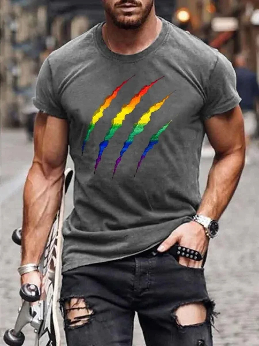 2026 Summer Men's Printed Casual Crew Neck Short Sleeve T-Shirt Men's Rainbow Love T-Shirt 3D Printed T Shirt