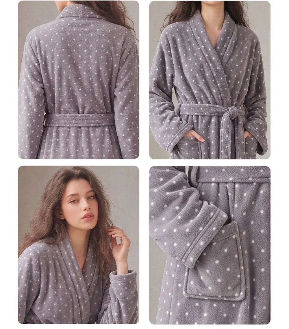 Thicken Flannel Long Robe Nightwear Printed Bathrobes Women Autumn Winter Coral Fleece Korean Simple Nightgown Homewear