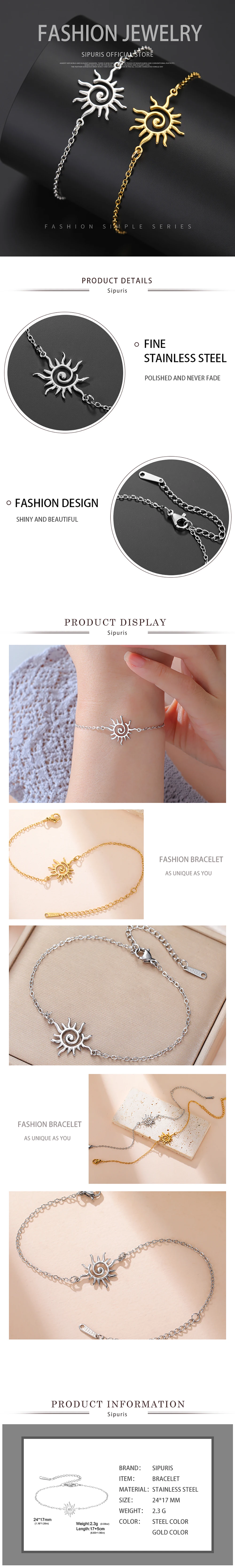 Sipuris Spiral-Sonnen-Charm-Armband aus Edelstahl in Goldfarbe, Wasserdichtes Trendiges Schmuckgeschenk für Frauen, Großhandel – Detail 5
