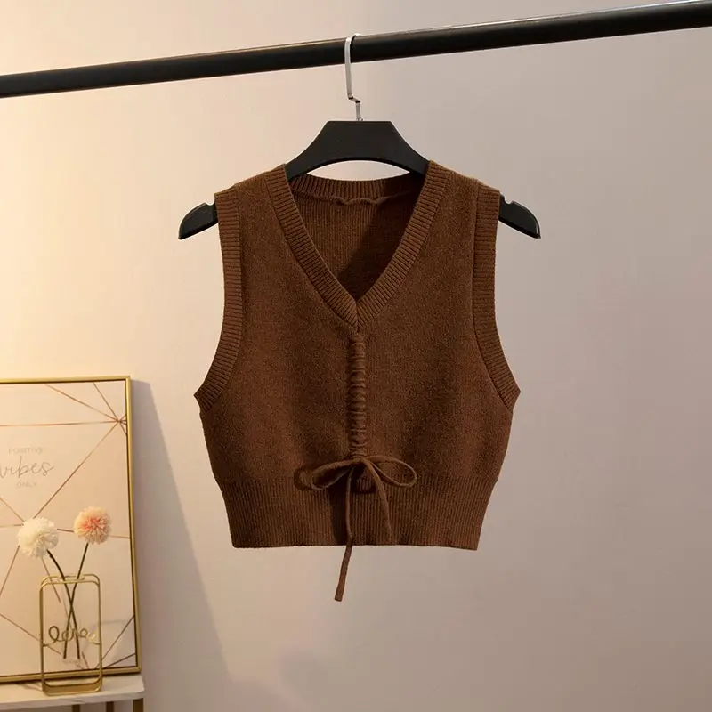 Spring and Autumn Short V-neck Tank Top with Drawstring Small Heart Solid Color Vest Tailored Small Hooded Sweater