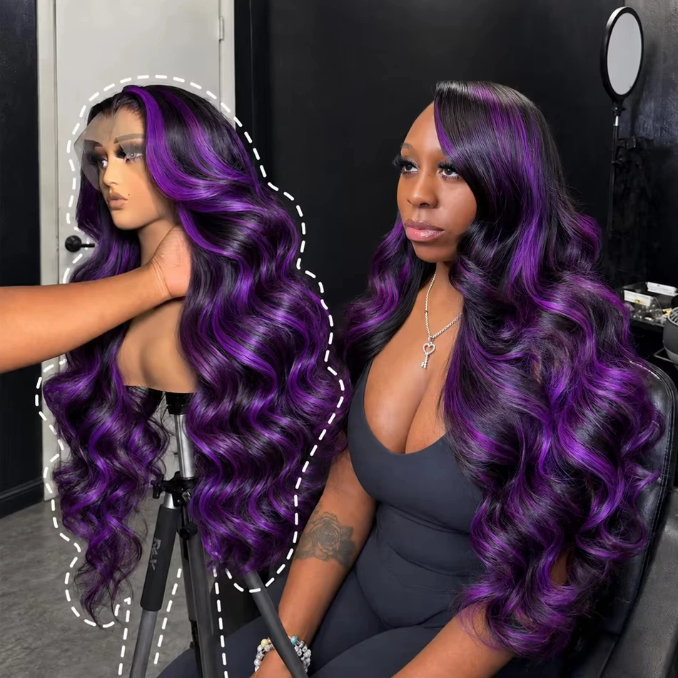 Ombre Purple Highlight Body Wave 13x6 HD Lace Front Wig Human Hair Waves Dark Purple 13x4 Lace Frontal Wigs Vietnamese Hair