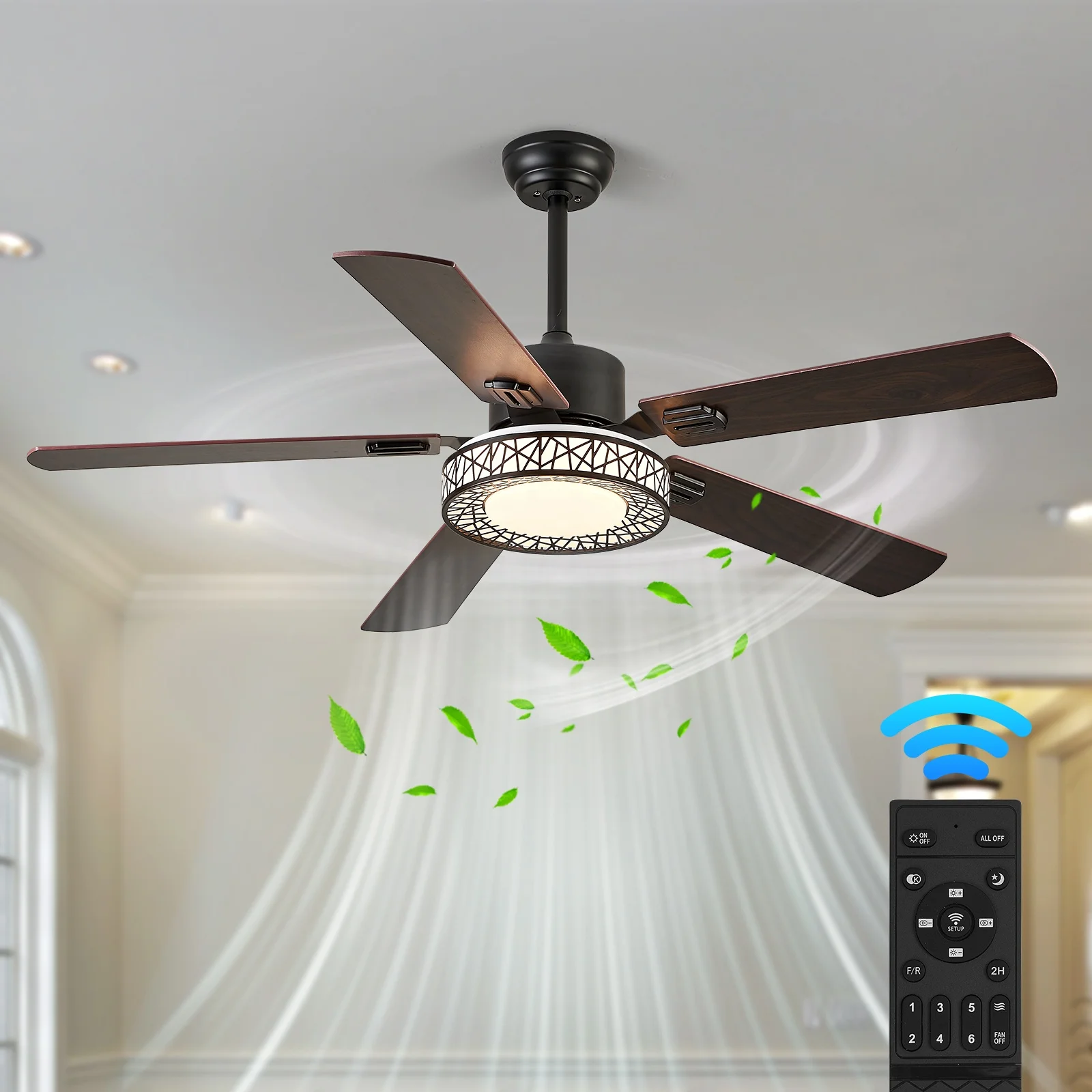 Walnut Wood 5 Blades 35W DC Intelligent Remote Control Ceiling Fan With Light Home