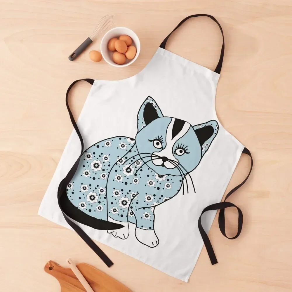 

Blue Kitten in Mod Floral Pattern Pyjamas Apron For Man Haircut Kitchen And Home Items Apron