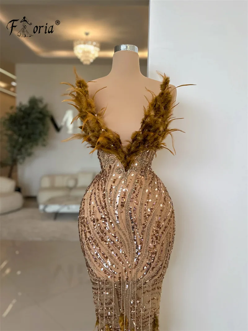 Robe de Soirée Sexy à Paillettes et Col en V Profond, Tenue de Bal à la Mode avec Plumes et Pampilles, Longueur au Sol