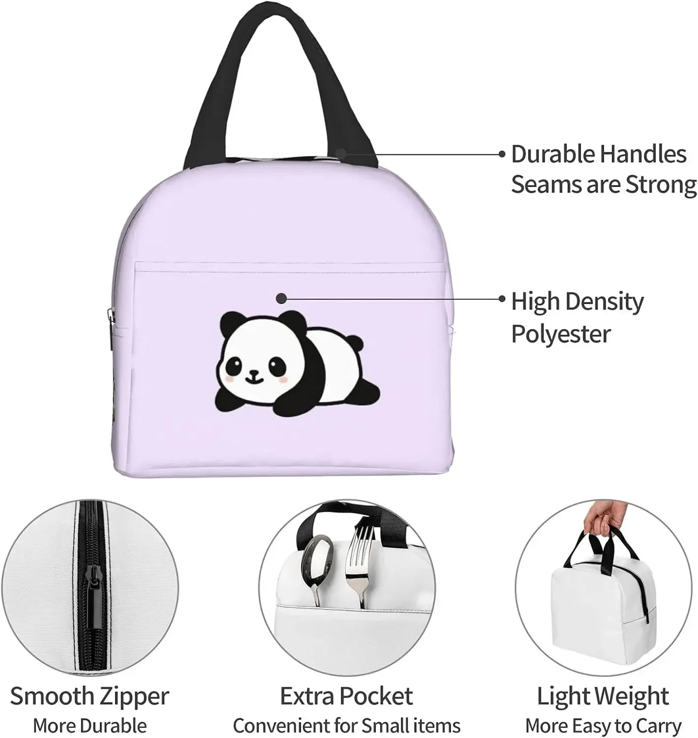 Cute Panda Purple Lunch Bags Insulated Lunch Box for Women Reusable Tote Cooler Bag for Shopping Picnic Travel