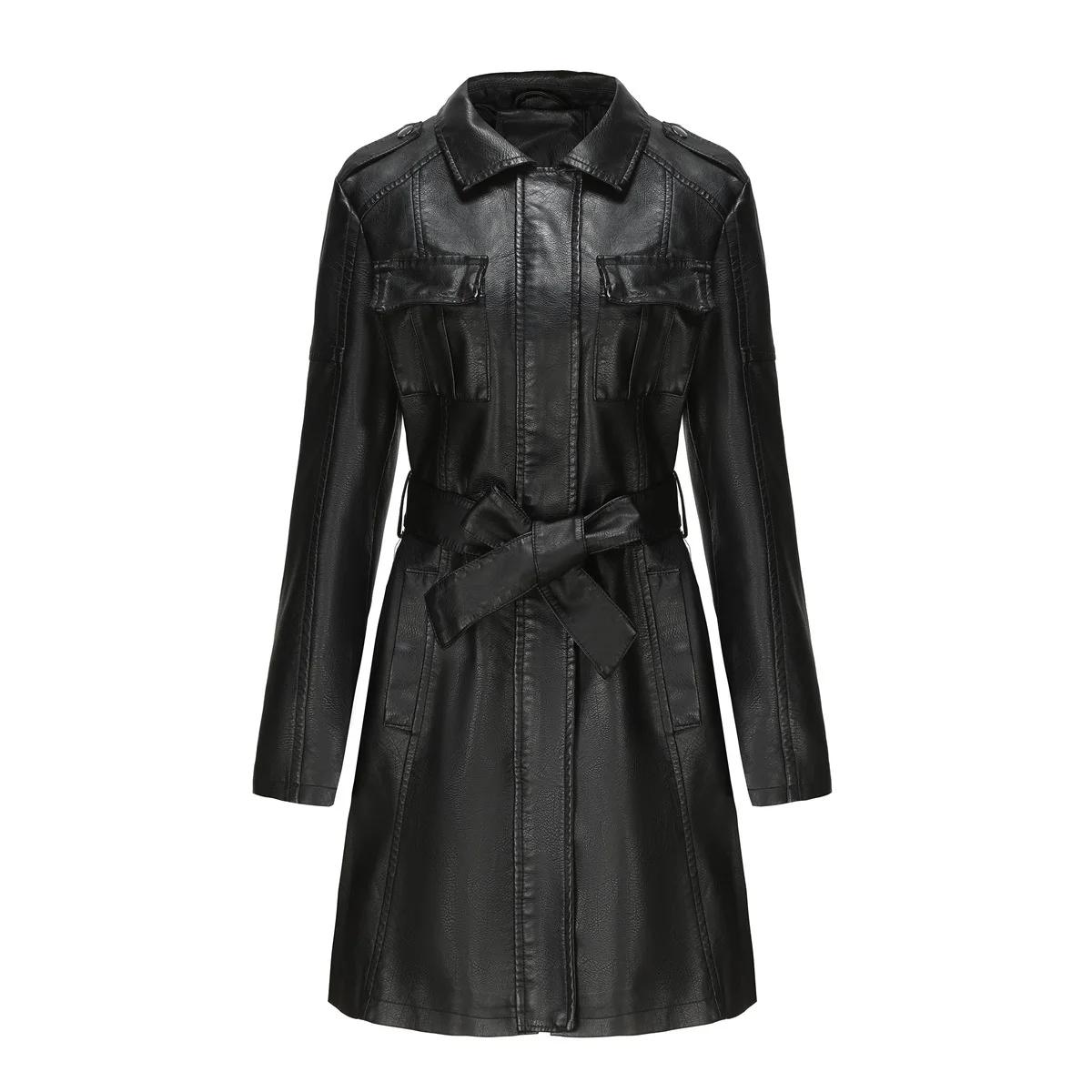 

New In Black Long Leather Jacket With Belt For Women 2023 Fashion Fall Winter Long Sleeve Female Office Lady Trench Coat