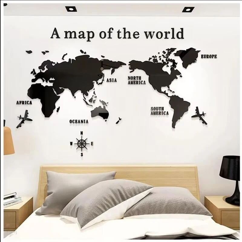 Modern Style World Map Creative Wall Sticker Home Living Room Bedroom Decor Wall Sticker Enterprise Office Acrylic Wall Sticker