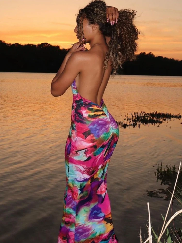 Whatiwear Abito con stampa colorata Donna Fasciatura con scollo all'americana Collo basso Senza schienale Sleveeless Vacanza Tendenza Beach Party Ruche Lungo aderente