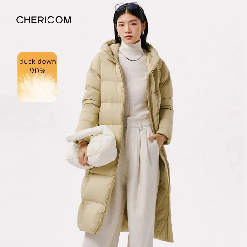 

Chericom женский пуховик длиной до колена, водолазка с капюшоном, толстое, гладкое, стеганое, с утиной подкладкой, пуховое повседневное пальто премиум-класса Y298110Y