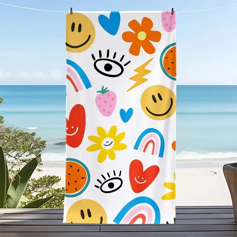 

Colorful Summer Beach Towel, Flower Joyful Face Lightning Strawberry Print Quick Dry Absorbent for Travel Camping Beach