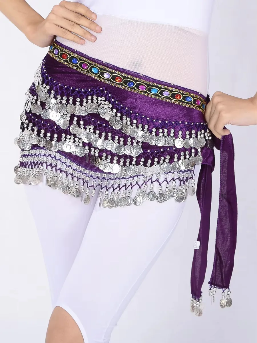 Women Belly Dance Hip Scarf Dancer Wrap Belt Skirt with Wave Silver Coins Velvet Hip Chains