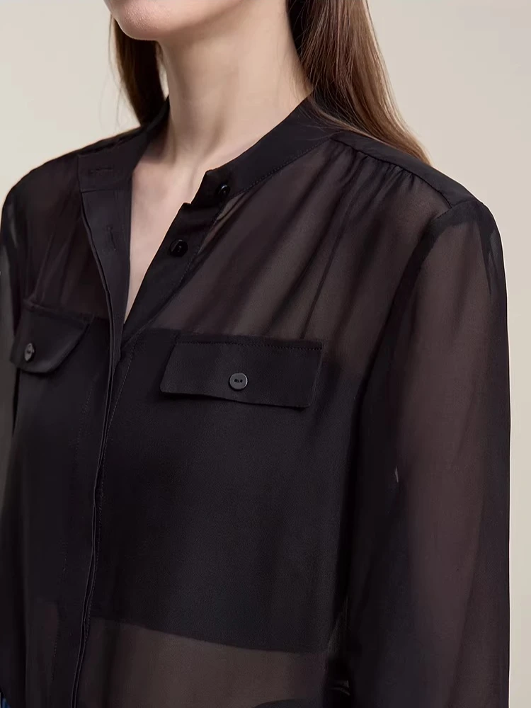 Amii chemise pour femme 2026 printemps nouveau banlieue col montant avec ceinture soie à manches longues haut femmes décontracté chemise noire 12621057