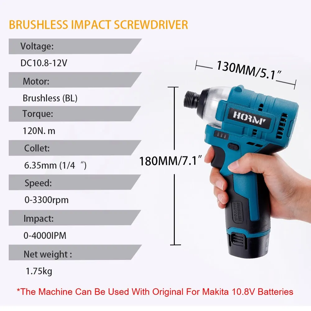 Hormy 120N.m Brushless Impact Screwdriver Cordless Electric Drill 1/4\