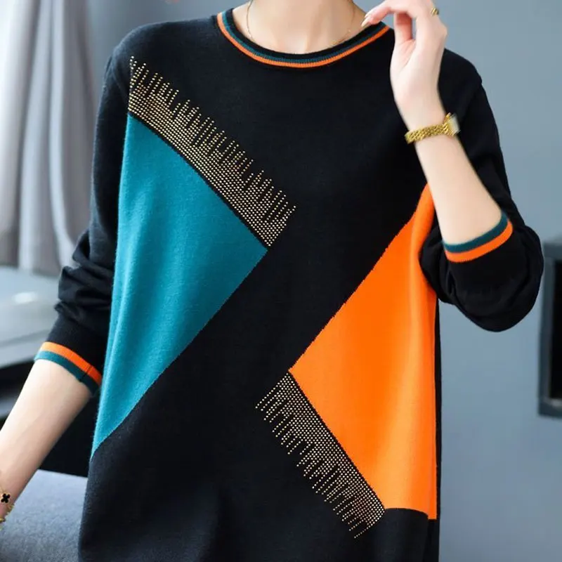 Female Clothing Casual Geometric Spliced Jumpers Autumn Winter O-Neck Korean Loose Basic Fashion Diamonds Knitted Midi Sweaters