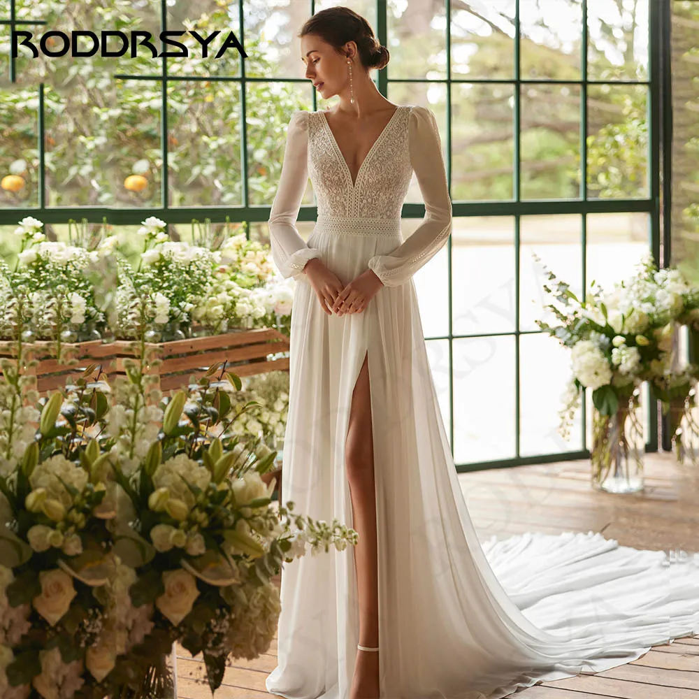 RODDRSYA vestido de novia bohemio para mujer, vestidos de novia de gasa de manga larga, apliques de encaje, cuello en V dividido, línea A Bohemio