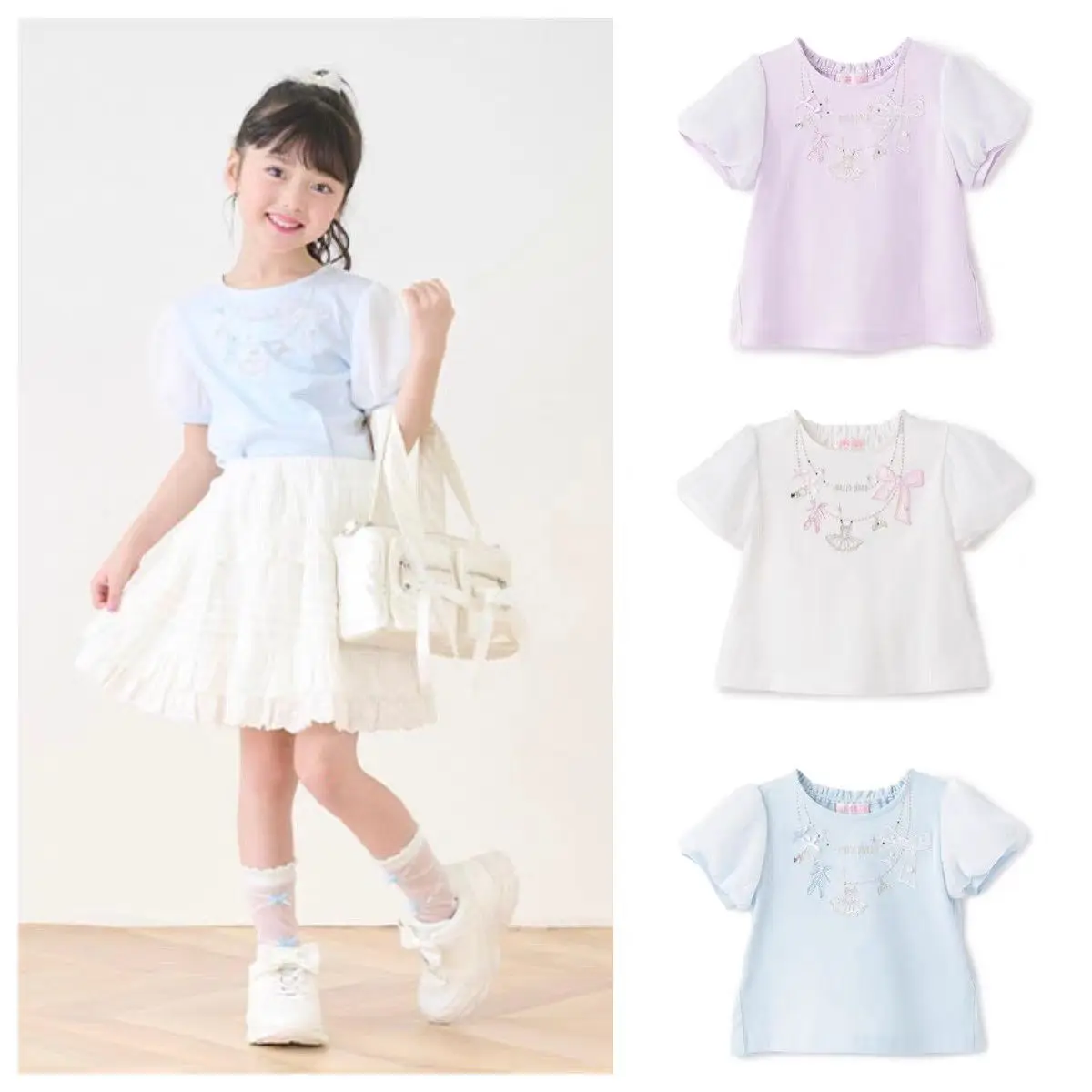 Japanese Cute Cartoon Mp Embroidered Jojifuku Short-sleeved T-shirt Autumn New Sweet Mom and Daughter Matching Clothes